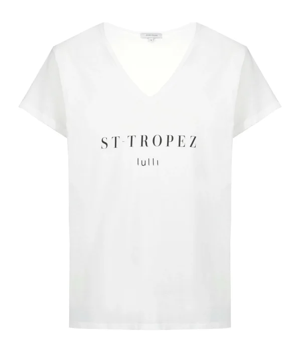 Tee-shirt Lulli St-Tropez Col V Coton Bio Blanc, Collaboration Jeanne Vouland X Lulli acheter en ligne 1