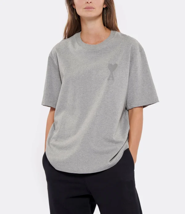 AMI Paris Tee-shirt Unisexe Ami De Cœur Coton Biologique Gris Chiné pas cher en ligne 4