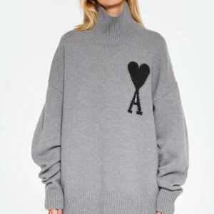 en solde AMI Paris Pull Unisexe Ami De Cœur Laine Gris Noir 12