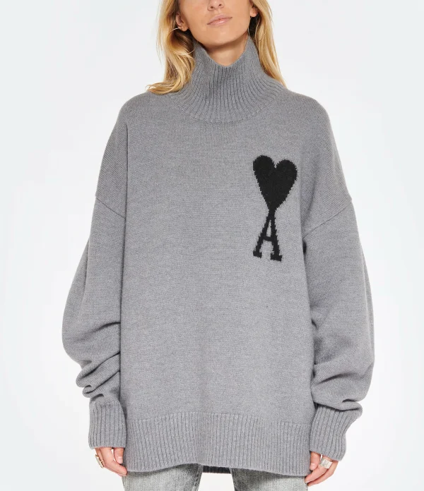 en solde AMI Paris Pull Unisexe Ami De Cœur Laine Gris Noir 4