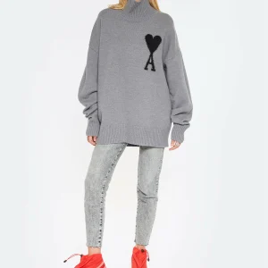 en solde AMI Paris Pull Unisexe Ami De Cœur Laine Gris Noir 16