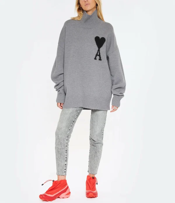 en solde AMI Paris Pull Unisexe Ami De Cœur Laine Gris Noir 6