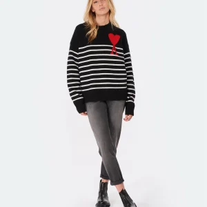 prix abordable AMI Paris Pull Marinière Unisexe Ami De Cœur Laine Noir Blanc Rouge 16