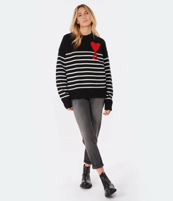 prix abordable AMI Paris Pull Marinière Unisexe Ami De Cœur Laine Noir Blanc Rouge 6