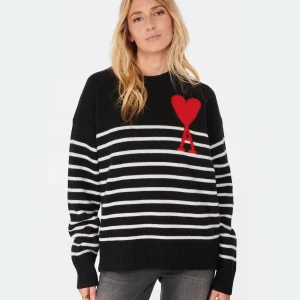 prix abordable AMI Paris Pull Marinière Unisexe Ami De Cœur Laine Noir Blanc Rouge 12