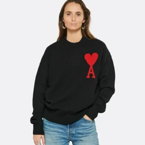 AMI Paris Pull Unisexe Oversize Ami De Cœur Col Rond Laine Noir Rouge livraison la plus rapide 12