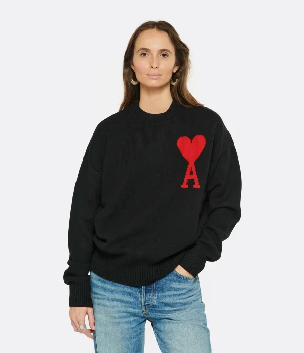 AMI Paris Pull Unisexe Oversize Ami De Cœur Col Rond Laine Noir Rouge livraison la plus rapide 4