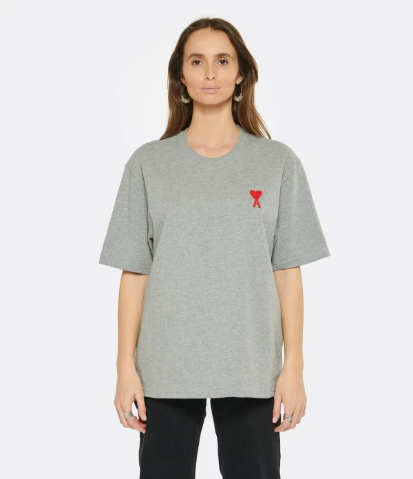 grande promotion AMI Paris Tee-shirt Unisexe Ami De Cœur Coton Biologique Gris Chiné Rouge 4