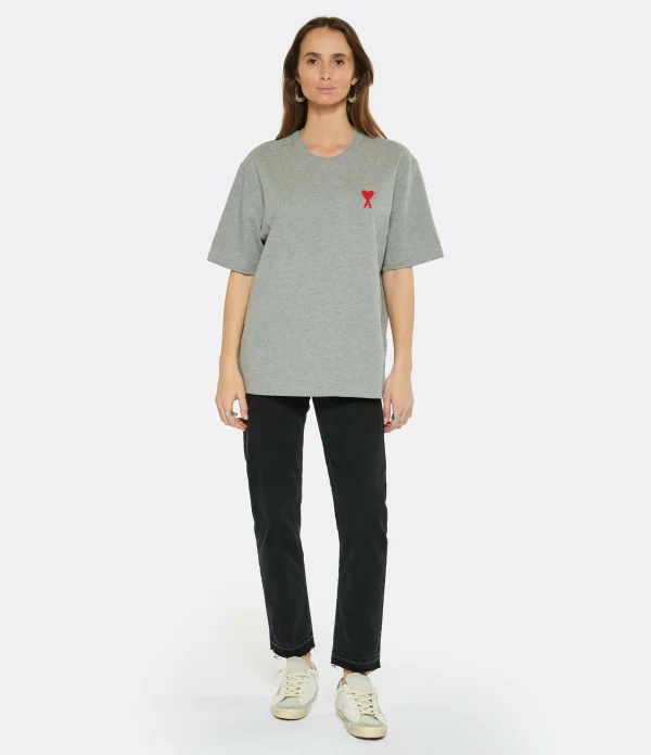 grande promotion AMI Paris Tee-shirt Unisexe Ami De Cœur Coton Biologique Gris Chiné Rouge 6