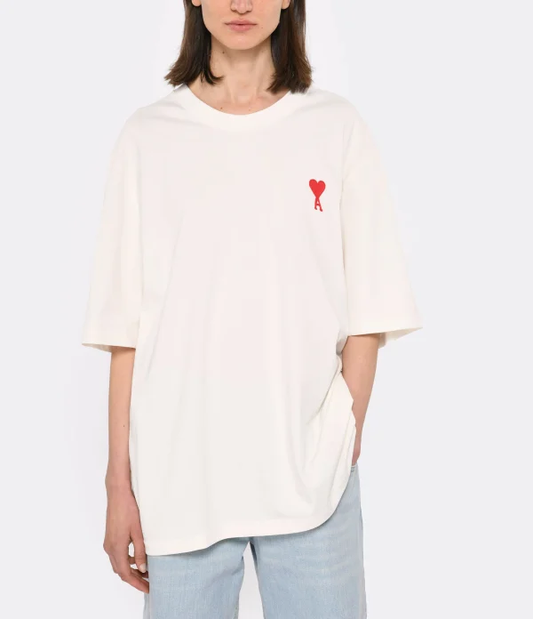 garantis authentique AMI Paris Tee-shirt Unisexe Ami De Cœur Coton Biologique Blanc Rouge 4