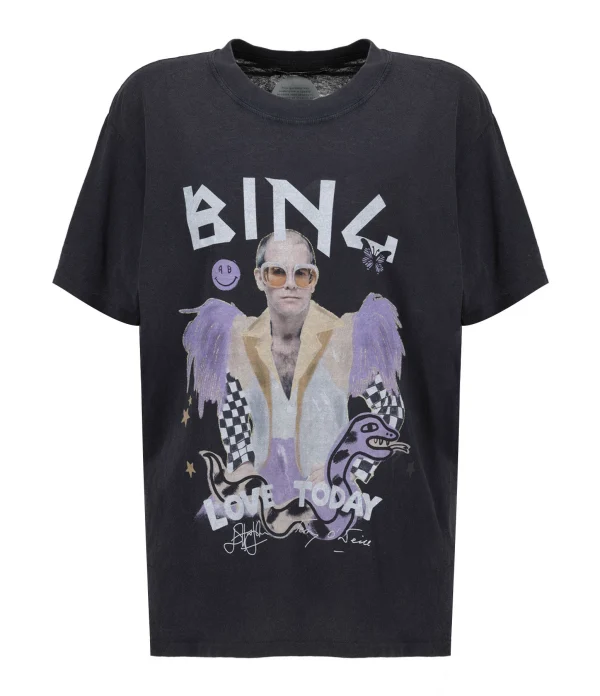 Tee-shirt Lili Elton John Coton Noir Délavé, Collaboration Anine Bing X Terry O’Neill X IScreamColour magasins pas chers 1