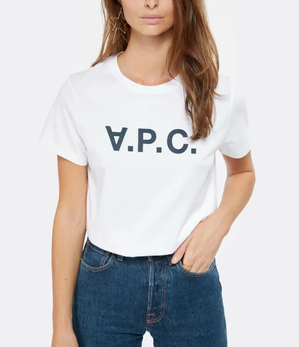 A.P.C. Tee-shirt Coton Blanc Bleu Marine marque pas cher 3