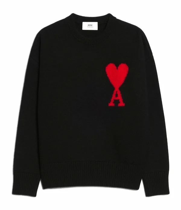 AMI Paris Pull Unisexe Oversize Ami De Cœur Col Rond Laine Noir Rouge livraison la plus rapide 1