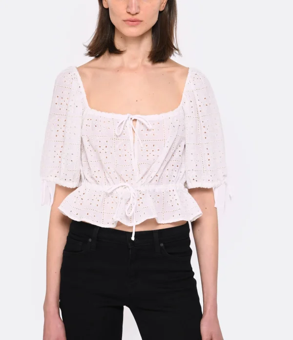 Ganni Top Court Broderie Anglaise Coton Organique Blanc mode pas chere 4