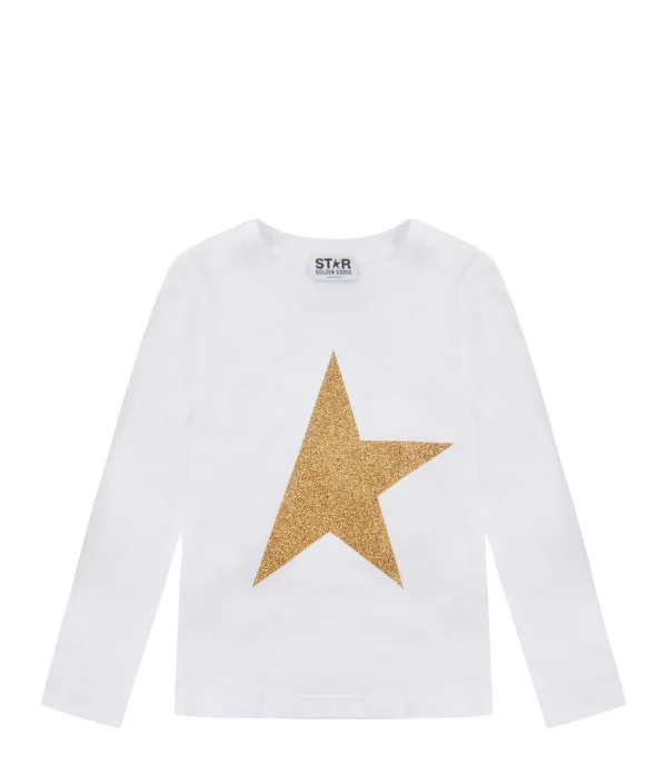 Golden Goose Tee-shirt Enfant Star Manches Longues Coton Blanc Doré achat pas cher 1