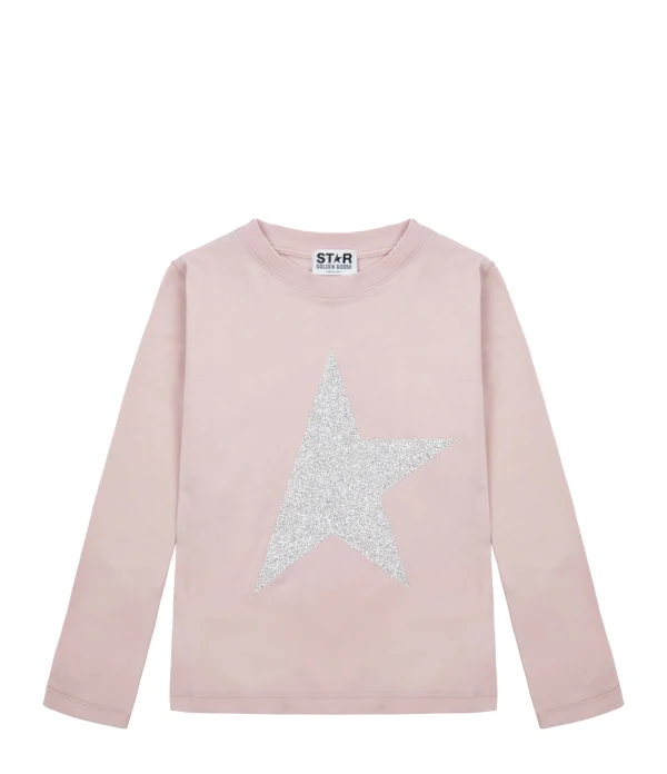 meilleure qualité Golden Goose Tee-shirt Enfant Star Manches Longues Coton Rose Argenté 1