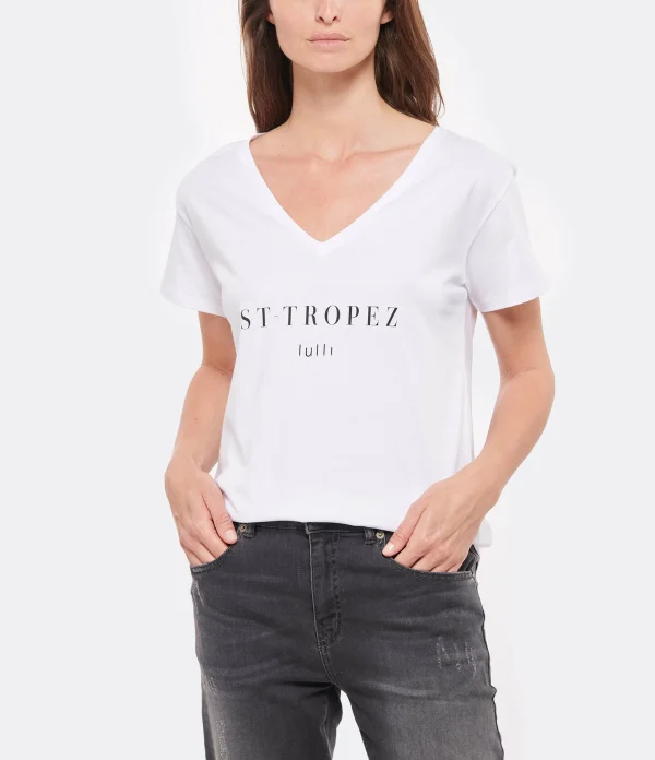 Tee-shirt Lulli St-Tropez Col V Coton Bio Blanc, Collaboration Jeanne Vouland X Lulli acheter en ligne 4