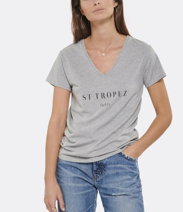 Tee-shirt Lulli St-Tropez Col V Coton Gris, Collaboration Jeanne Vouland X Lulli soldes pas cher 3