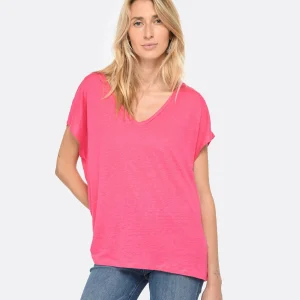 marques pas cher MAJESTIC FILATURES Tee-shirt Col V Lin Flamingo 11