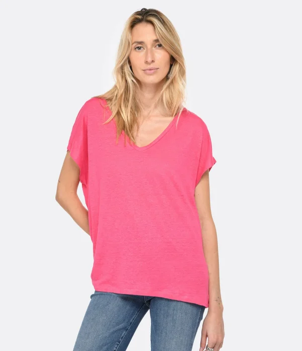 marques pas cher MAJESTIC FILATURES Tee-shirt Col V Lin Flamingo 4