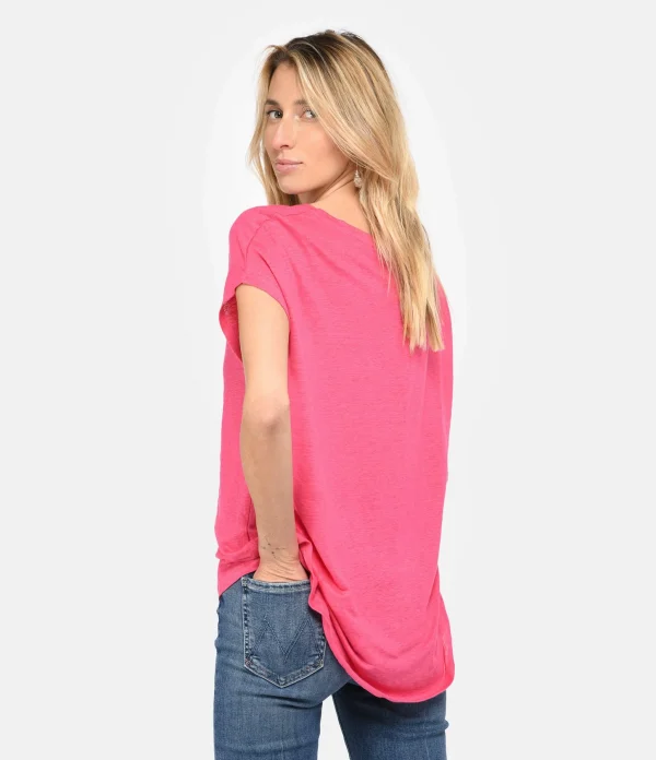 marques pas cher MAJESTIC FILATURES Tee-shirt Col V Lin Flamingo 5