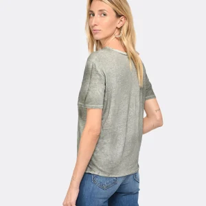 soldes pas cher MAJESTIC FILATURES Tee-shirt Col Rond Lin Kaki 13