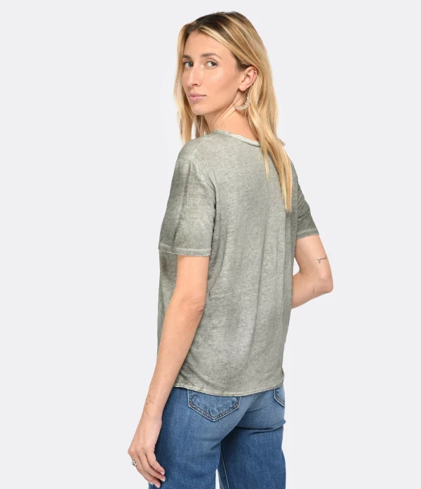 soldes pas cher MAJESTIC FILATURES Tee-shirt Col Rond Lin Kaki 5