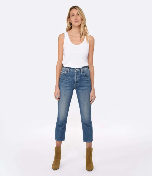 MOTHER Jean The Tomcat Jean Denim Bleu Kneeling On Stones boutique en france 4