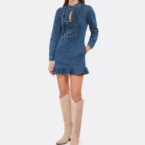 SELF PORTRAIT Robe Mini Volants Denim Bleu vente pas cher en ligne 10