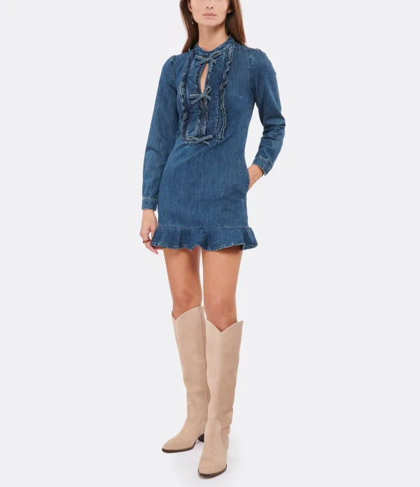 SELF PORTRAIT Robe Mini Volants Denim Bleu vente pas cher en ligne 4