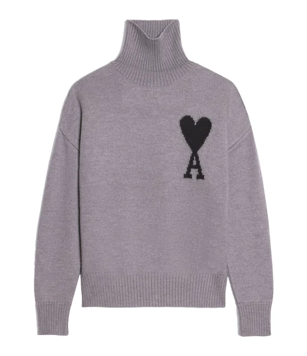 en solde AMI Paris Pull Unisexe Ami De Cœur Laine Gris Noir 1