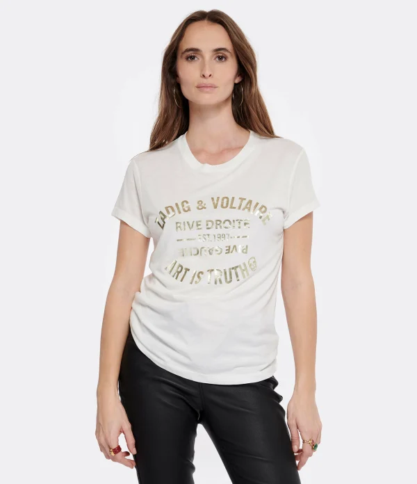 Zadig & Voltaire Tee-shirt Walk Blason Coton Blanc Doré fashioniable 3